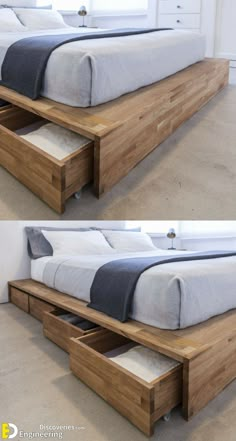 two photos of a bed with drawers on the bottom and bottom, in different positions