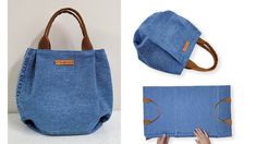 a handbag made out of denim and leather with the handles folded up to show the inside