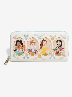 Add some royalty to your accessories with this Loungefly wallet! Featuring framed portraits of Jasmine  Cinderella  Belle  and Mulan on the front  the back includes Ariel and Tiana. With embroidered flowers and glitter details on the exterior  this wallet's interior includes seven card slots  a zippered coin pouch  a clear ID sleeve  and a bills compartment  perfect for a trip to the Disney Parks.A BoxLunch Exclusive!PolyurethaneApprox. 8" W 4 14" HImported Disney Makeup Bag, Princess Frame, Loungefly Purse, Disney Princess Gifts, Glitter Backpack, Disney Fine Jewelry, Princess Gifts, Glitter Frame, Cinderella Disney