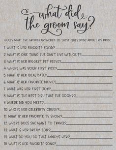 a question card with the words what did the groom say? on it and an image of