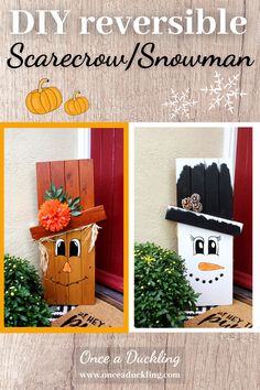 an advertisement for a snowman made out of cardboard boxes and some fake pumpkins