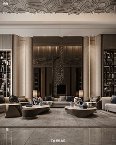 a large living room filled with lots of furniture and walls covered in bookshelves