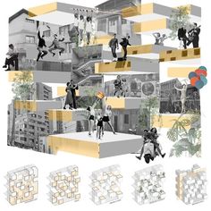 the collage shows people playing and jumping in front of many different types of buildings