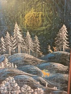 a painting with trees and animals on it