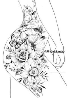 a woman's stomach with flowers and butterflies on it, in black and white