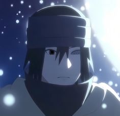 an anime character is staring at something in the distance with snow falling around him and his eyes open