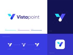 the logo for vistapoint is shown in three different colors and font styles, including blue,