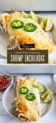 one - pot creamy shrimp enchiladas with jalapenos on top