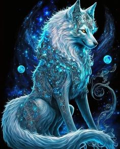 a white wolf sitting on top of a blue background