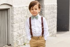 Sage Bow Tie, Boys Ring, Brown Suspenders, Dusty Sage