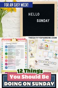 a bunch of things that are in front of a white brick wall with the words, 12 things you should be doing on sunday