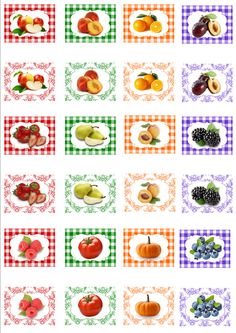 an assortment of fruits and vegetables on a checkered tablecloth background with the words, fruit