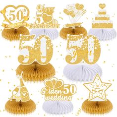 golden 50th birthday decorations with white ruffles and gold foiled stars on them