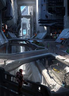 a sci - fi city scene is shown in this image, with a man standing on the bridge