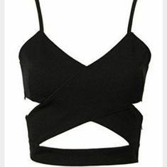 Like New, Nwot.... Super Sexy With Gold Color Side Zipper Trendy V-neck Crop Top For Club, Chic Black Low-cut Crop Top, Black Low-cut Crop Top With Built-in Bra, Summer Bandage Tops For Night Out, Trendy Low-cut Crop Top For Club, Fitted Cutout Beach Crop Top, Fitted Cutout Crop Top For Beach, Edgy Strappy Tops For Summer, Chic Tops With Crisscross Straps For Night Out