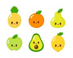 an assortment of fruits with faces drawn on them