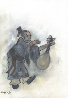 a drawing of a man with a bag and a bird on his arm, holding something in one hand