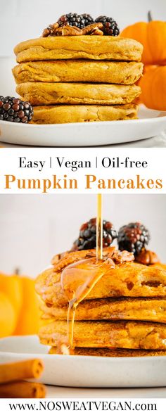 pumpkin pancakes with syrup being drizzled on top