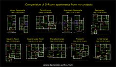 the floor plan for an apartment building with four rooms and three bathrooms, all in different colors