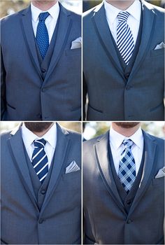 four different pictures of a man wearing a suit and tie