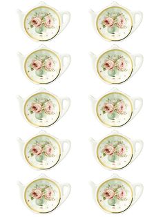 twelve tea cups and saucers with pink roses on them