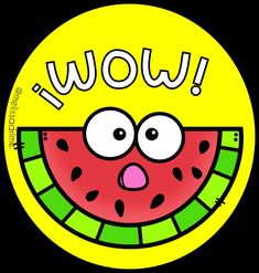 a cartoon watermelon with the word wow on it's face and eyes