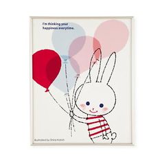 a card with an image of a bunny holding balloons