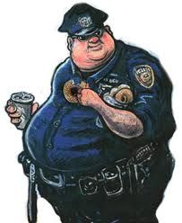 a drawing of a police officer holding two cans of sodas and a baseball bat