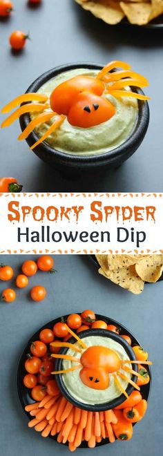 halloween dip with spooky spider decorations and carrots