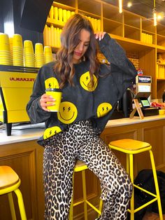 She's All Smiles - Acid Wash Yellow Smiley Sweatshirt – DLSB Tshirt And Leggings Outfit, Smiley Sweatshirt, Colorful Grunge, Smiley Face Graphic, Colorful Wardrobe, Yellow Smiley Face, Face Graphic, Coffee Dates, Lightning Bolts