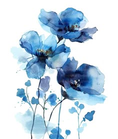 three blue flowers on a white background with watercolor splashing around the petals and leaves