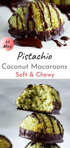 chocolate dipped coconut macaroons are stacked on top of each other and drizzled with chocolate