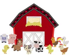 an image of farm animals in front of a barn with sheep and chickens on it