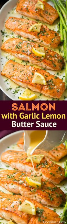 salmon with garlic lemon butter sauce on a plate