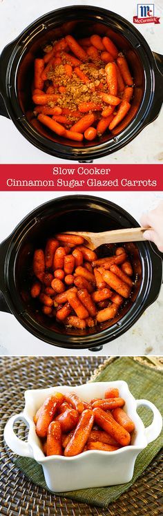 two pictures show how to cook carrots in the slow cooker and then put them in the casserole dish