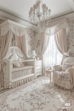 a baby's room with floral wallpaper and chandelier