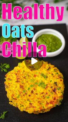 healthy oats and chila on a black plate with green chutneys