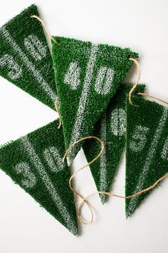 three green grass pennants tied with twine