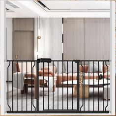 a living room filled with furniture next to a metal fence