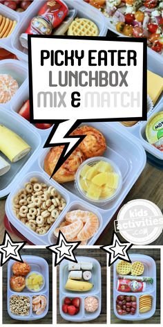 the lunch box is filled with different types of food and has text overlay that reads picky eater lunchbox mix & match