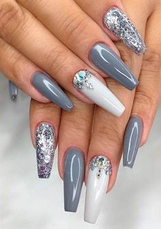 These are full coverage Acrylic press-on nails made with grey gel, sparkle and rhinestones. Default order is long coffin shaped tips in medium widths sizes thumb to pinky 1,5,4,6,8 You can order Stiletto, coffin, almond, ballerina shaped in any length or sizes by adding your info to the personalize spot at checkout. If you don't know your sizes I recommend you order a sizing kit first as all sets are custom made and can't be returned. Fantastic Nails, Gray Nails, Uñas Acrilicas, Acrylic Nail Art, Silver Nails, Nail It, Fancy Nails, Best Acrylic Nails