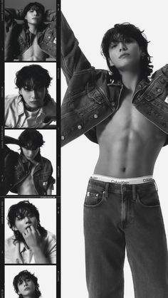 a shirtless young man poses in jeans and denims for the cover of gq magazine