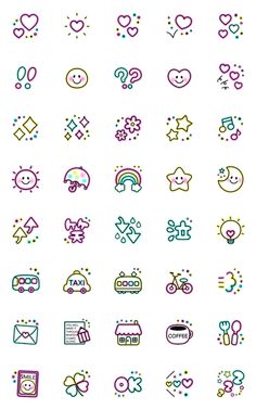 the colorful icons are arranged in different shapes and sizes, including hearts, stars, arrows,