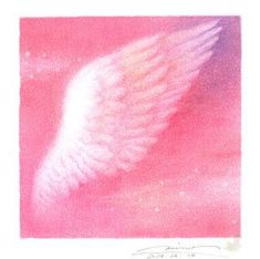 a drawing of an angel's wing against a pink sky