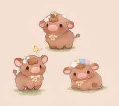 three little brown cows with flowers on their heads, one is sitting down and the other is standing up