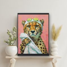 a painting of a cheetah wearing a hat and holding something in it's hands