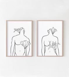 two black and white drawings are hanging on the wall next to each other, one with a flower in it