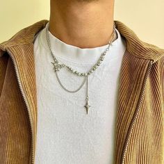 Y2k Crystal Orb Pearl Star Pendant Necklace These Chains Are Unisex :)! Stainless Steel Chain Brand New Guy Necklaces, Pearl Necklace Outfit, Guy Jewelry, Mens Silver Pendants, Mens Accessories Necklace, Mens Leather Necklace, Streetwear Jewelry, Boys Necklace, Crystal Orb