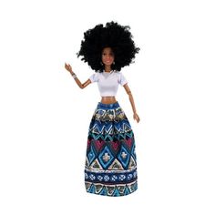 a barbie doll wearing a skirt and crop top with an afro hairdow on her head