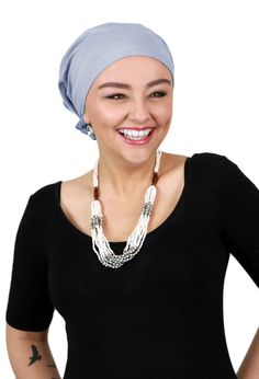 Our Celeste Cotton Pre-tied Headscarf for Women is a perfect choice in chemo headwear. Fits head sizes 21 inches to 24 inches as measured around the hair line. Weighing just 1.8 ounces, it's lightweight, breathable, soft on tender heads and ready to go in seconds. A strip of soft elastic across the neckline creates artful gathers and a secure fit that will not slip on a bald head. A great chemo scarf option for women with large heads. Our top pick in cancer headwear for yoga, exercise or casual Cotton Head Scarf, Chemo Head Scarf, Chemo Scarves, Hair Snood, Head Scarf Tying, Ladies Head Scarf, Head Coverings, Chemo Headwear, Hair Line